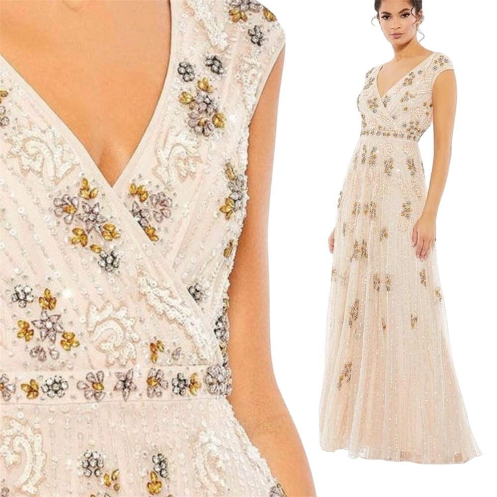 Mac Duggal Embellished Wrap Over Cap Sleeve A-Line Size 16